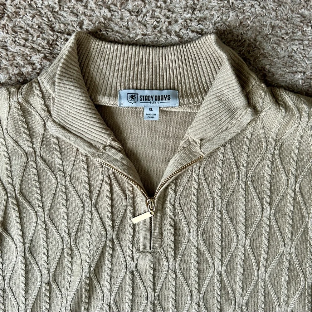Stacy Adams‎ I Men's Tan Cable Knit 1/4 Zip Sweater I XL I Elbow Patches I Golf